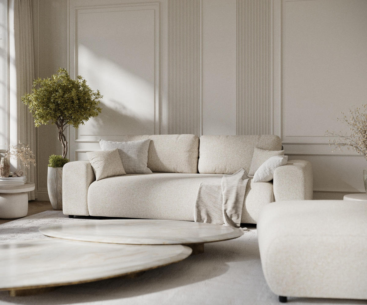 3-SITZER-SOFA Zanzibar Creme Plüschstoff - Creme/Schwarz, Holz/Holzwerkstoff (213/79/108cm) - Maison de Reve