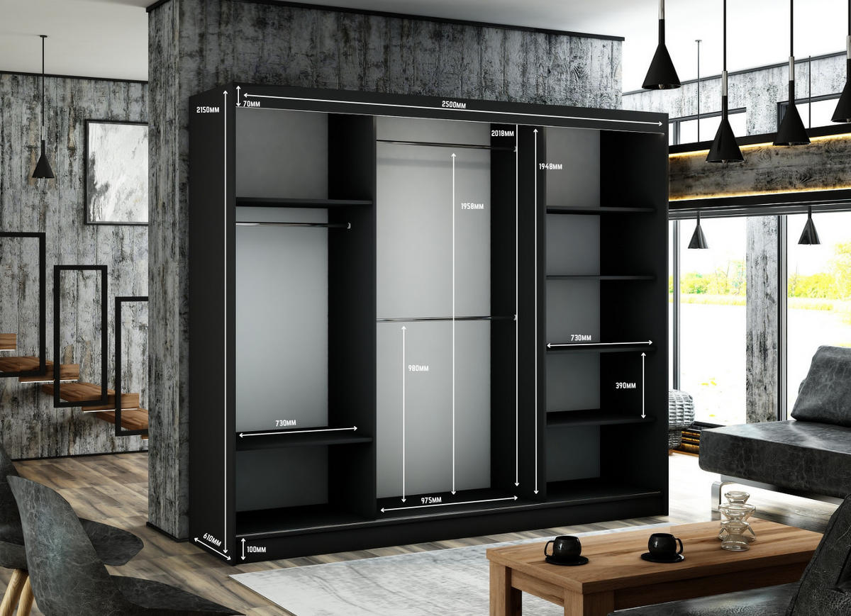 KLEIDERSCHRANK VILAN mit Spiegel/LED - 250 cm - Schwarz|Eiche Wotan - Eiche Wotan/Schwarz, Holzwerkstoff (250/215/61cm) - ALTDECOR