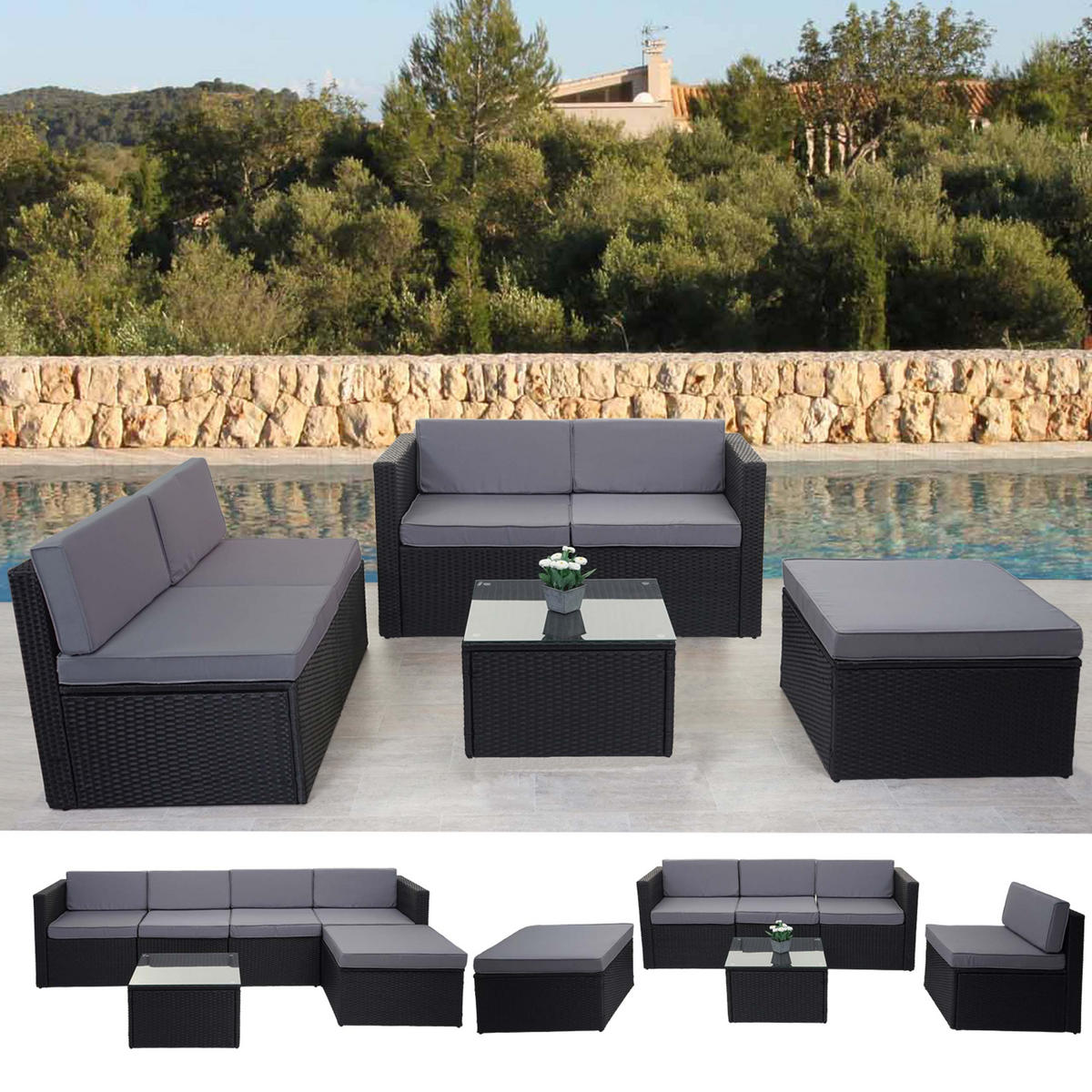 POLY-RATTAN-GARNITUR Anthrazit, Grau - Anthrazit/Grau, Kunststoff - MCW