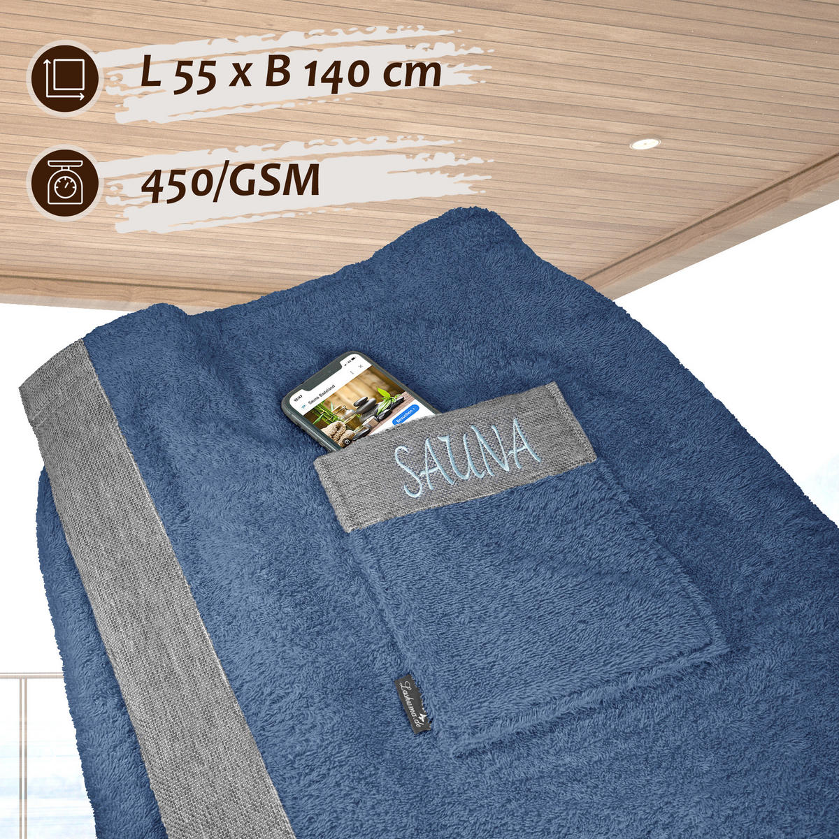 SAUNAKILT Herren Jeansblau, Lima Saunahandtuch mit Klettverschluss - Pastellblau, Textil (140/55cm) - Lashuma