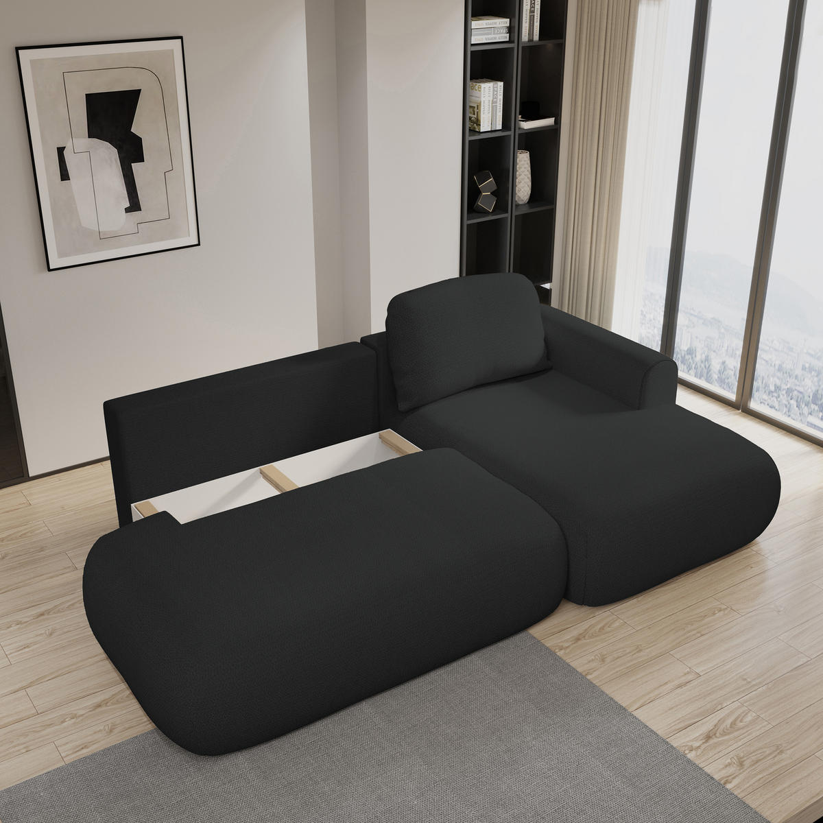 ECKSOFA NUVIRA R-S Schwarz Geflochtener Stoff mit Schlaffunktion - Schwarz, Holz (274/165cm) - MASSENO