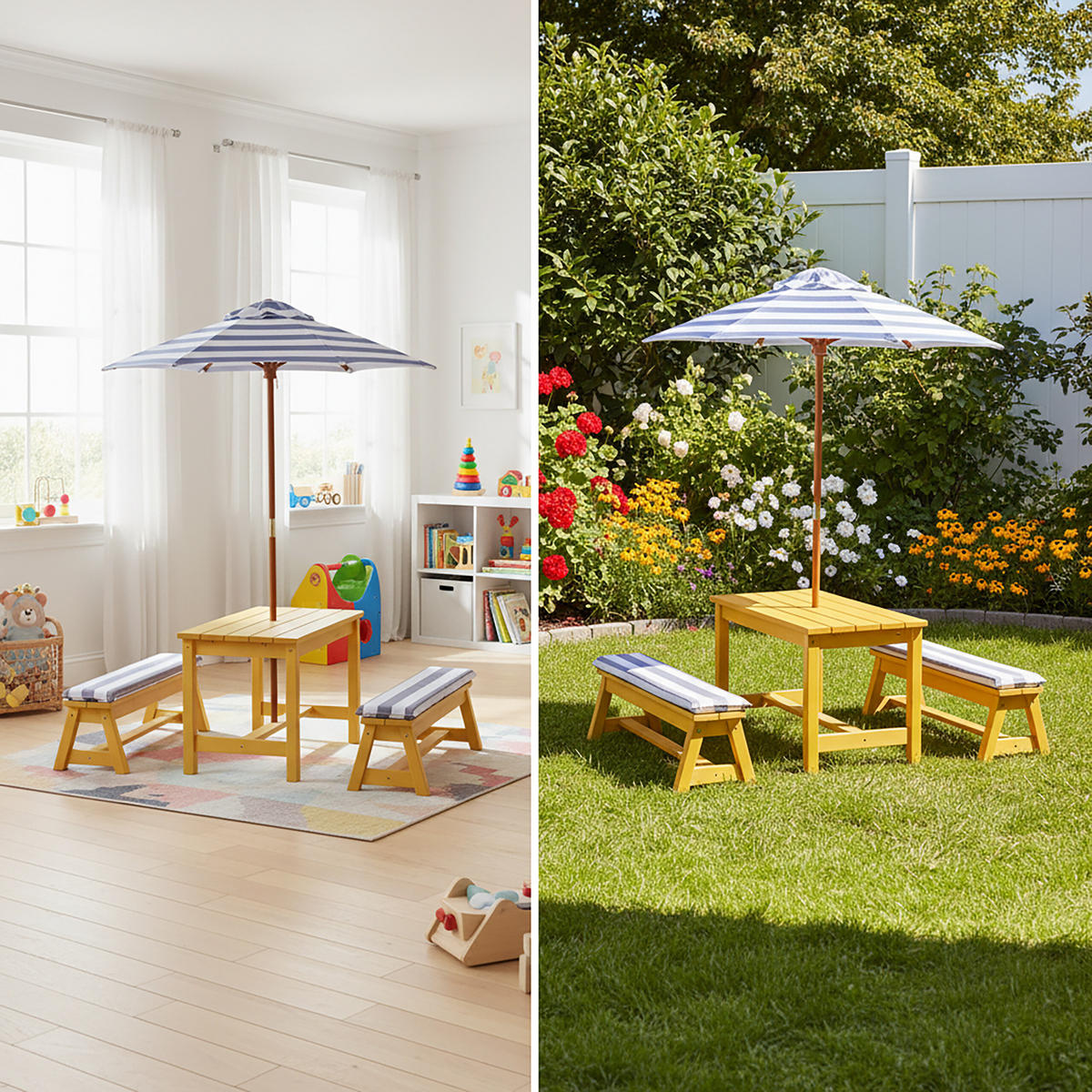 KINDERSITZGRUPPE Orange mit Sonnenschirm - Hellbraun, Holz/Textil - Relaxdays