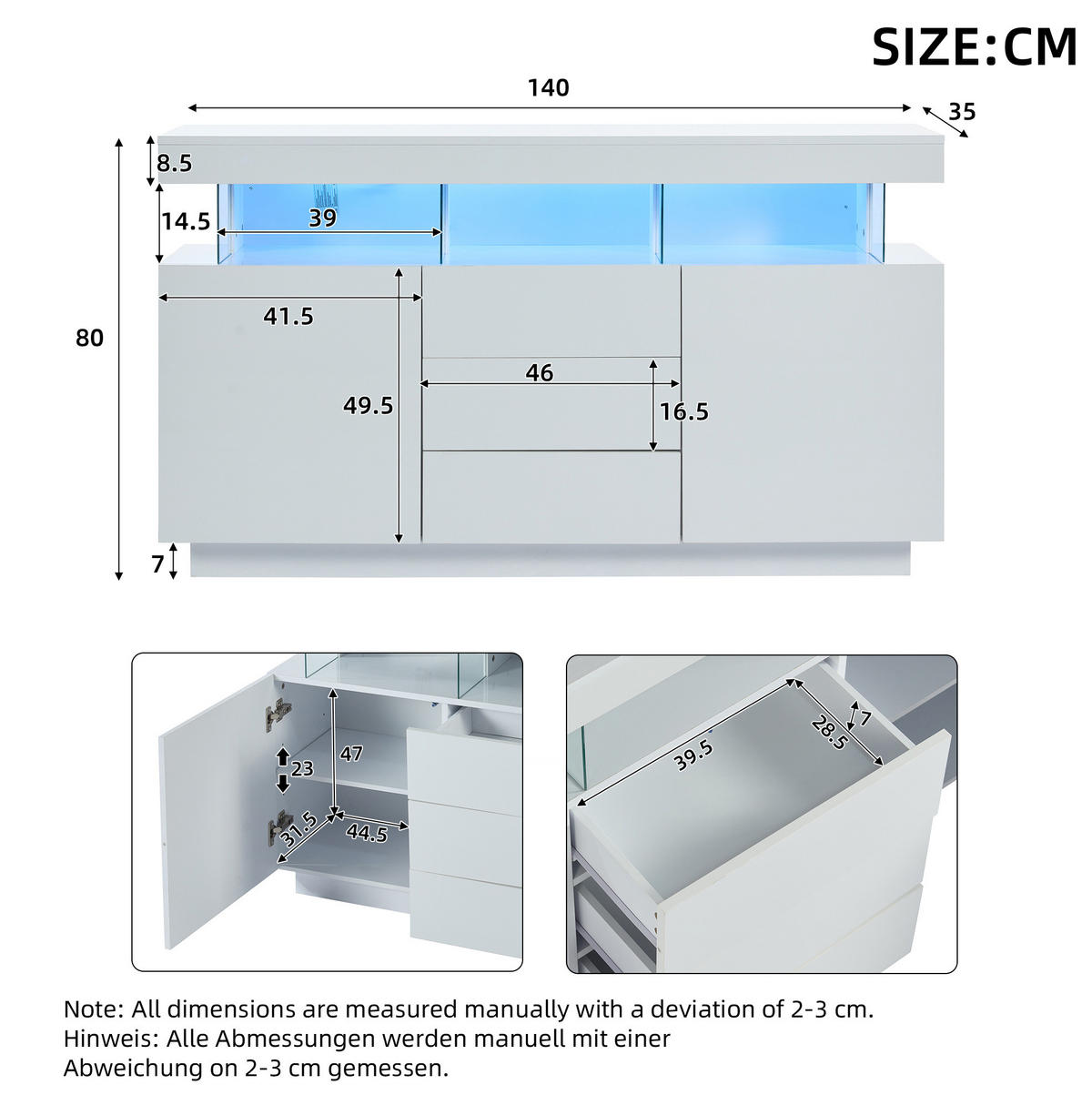 KOMODA z dřevotřísky a akrylu 140x35x80 cm bílá s LED osvětlením, 3 zásuvkami a 2 skříňkami ve vysokém lesku - bílá, kompozitní dřevo (140/80/35cm) - Modfu