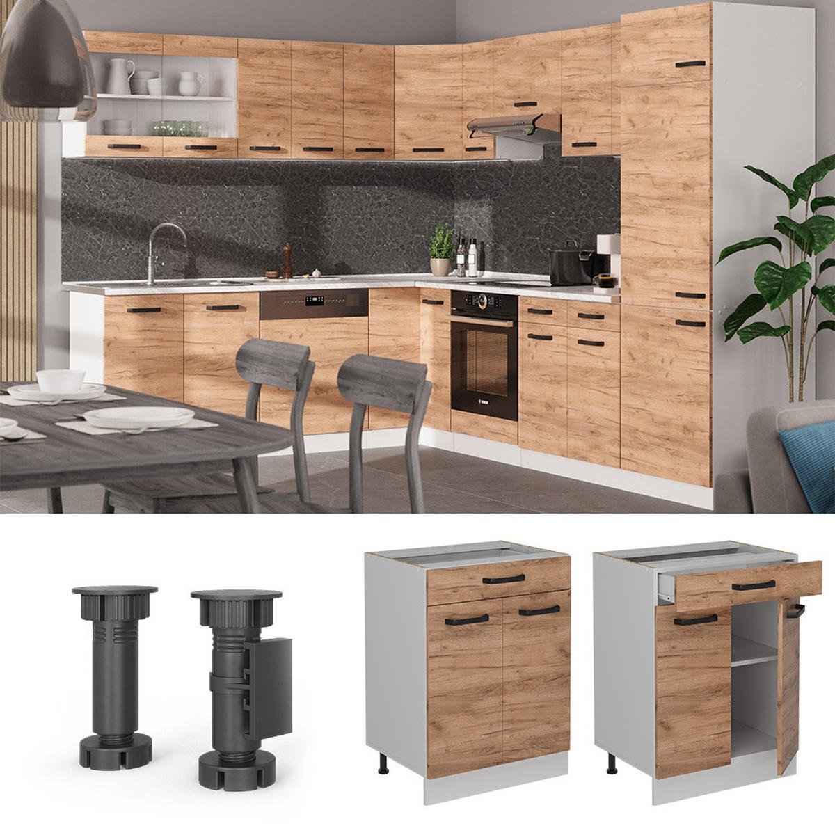 KÜCHENUNTERSCHRANK R-Line Goldkraft Eiche 60 cm AP Anthrazit - Honigeiche/Eiche Wotan, Holzwerkstoff (60/81.6/60cm) - Vicco