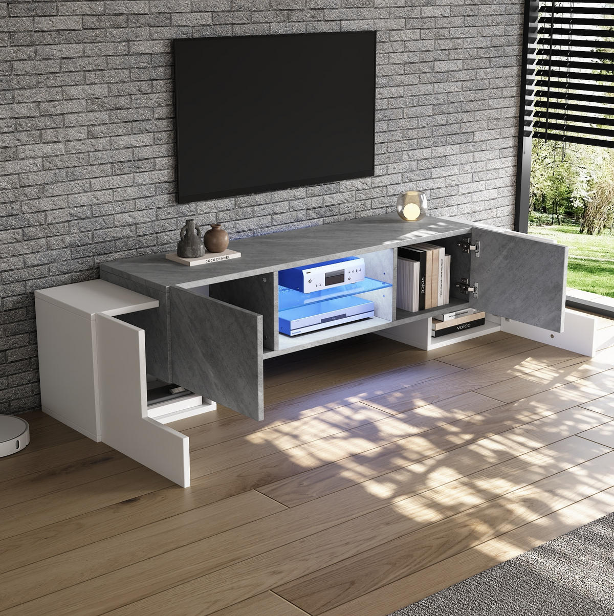 LOWBOARD 180/40/46.5 cm weiß/grau aus MDF mit LED-Lichtleiste - Weiß, Holzwerkstoff (40/46.5/180cm) - OKMYHOME