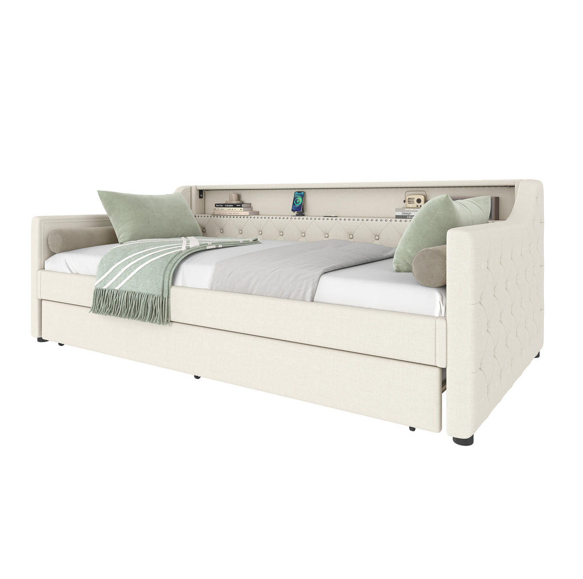 POLSTERBETT 90/200 cm Beige aus Leinen mit Ausziehbett und LED-Beleuchtung - Beige, Textil (90/200cm) - OKMYHOME