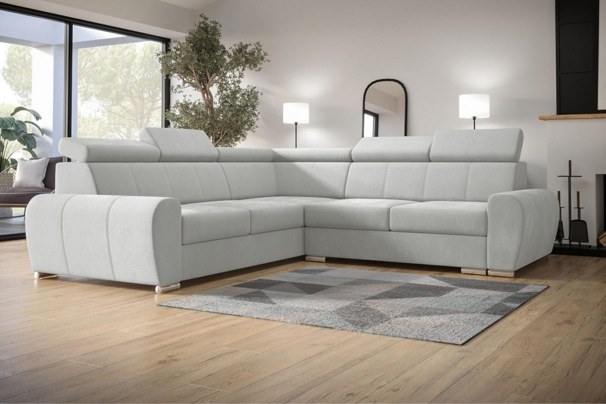 ECKSOFA APOLLO,mit Schlaffunktion und Bettkasten, Farbe: Hellgau, Velourstoff, Ottomane Links - Hellgrau, Textil (255/255cm) - O-Sofa