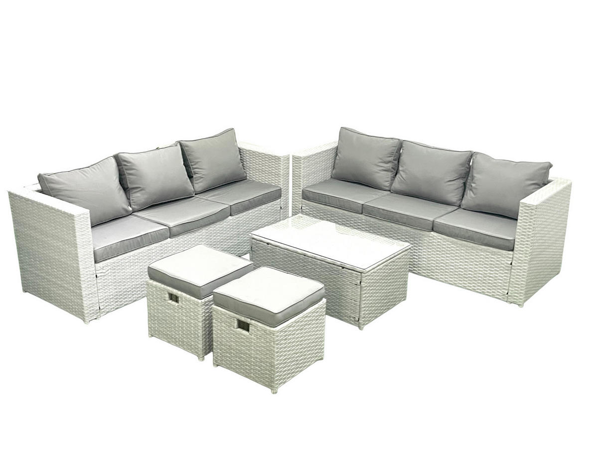 GARTENGARNITUR mit 3-SITZER SOFA,COUCHTISCH Polyrattan Hellgrau-Mix 8-Sitzer - Hellgrau/Grau, Glas/Kunststoff - Fimous