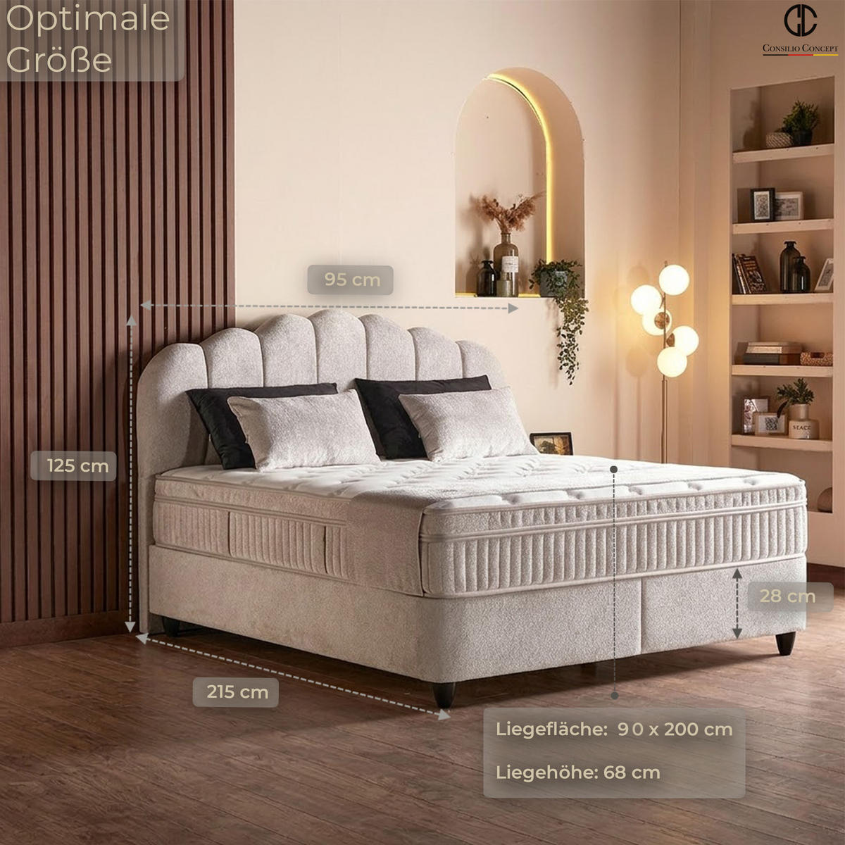 BOXSPRINGBETT MIT BETTKASTEN COMO 90/200 cm, Beige, Bettkasten, Matratze, Topper integriert, H3 mittel 7-Zonen Matratze - Beige/Schwarz, Holz/Kunststoff (90/200cm) - Consilio Concept