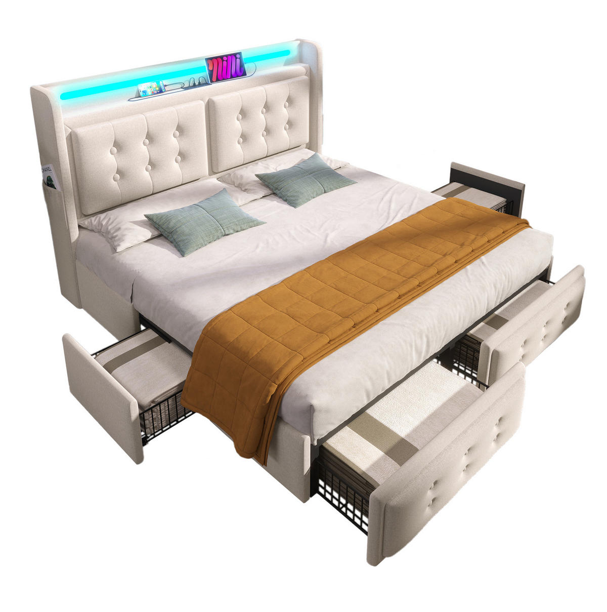 POLSTERBETT 160/200 cm mit LED-Beleuchtung, USB/Typ-C & 4 Schubladen,Beige - Beige, Textil (160/200cm) - Redom