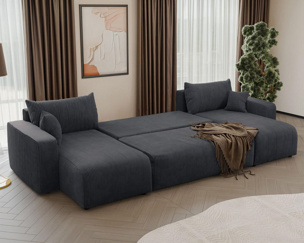 WOHNLANDSCHAFT Pianoni Grau Cordbezug - Schwarz/Grau, Kunststoff/Textil (312/83/140cm) - Selsey