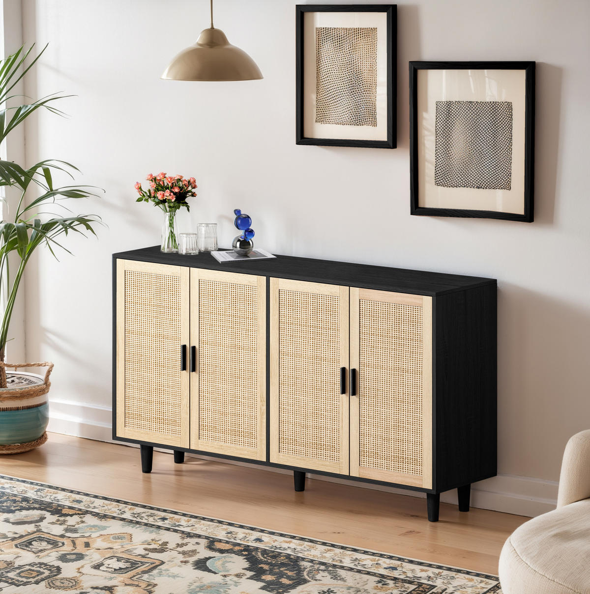 SIDEBOARD 158/88/40 cm Schwarz aus Spanplatte mit Rattantüren - Schwarz, Holzwerkstoff (40/88/158cm) - OKMYHOME