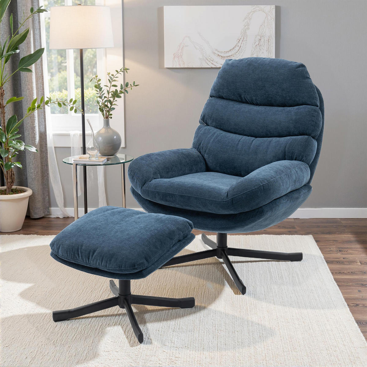 RELAXSESSEL mit Hocker Sessel Loungesessel mit Chenille-Stoff Fernsehsessel Blau - Blau/Schwarz, Textil/Metall (78/100/93cm) - HOMCOM