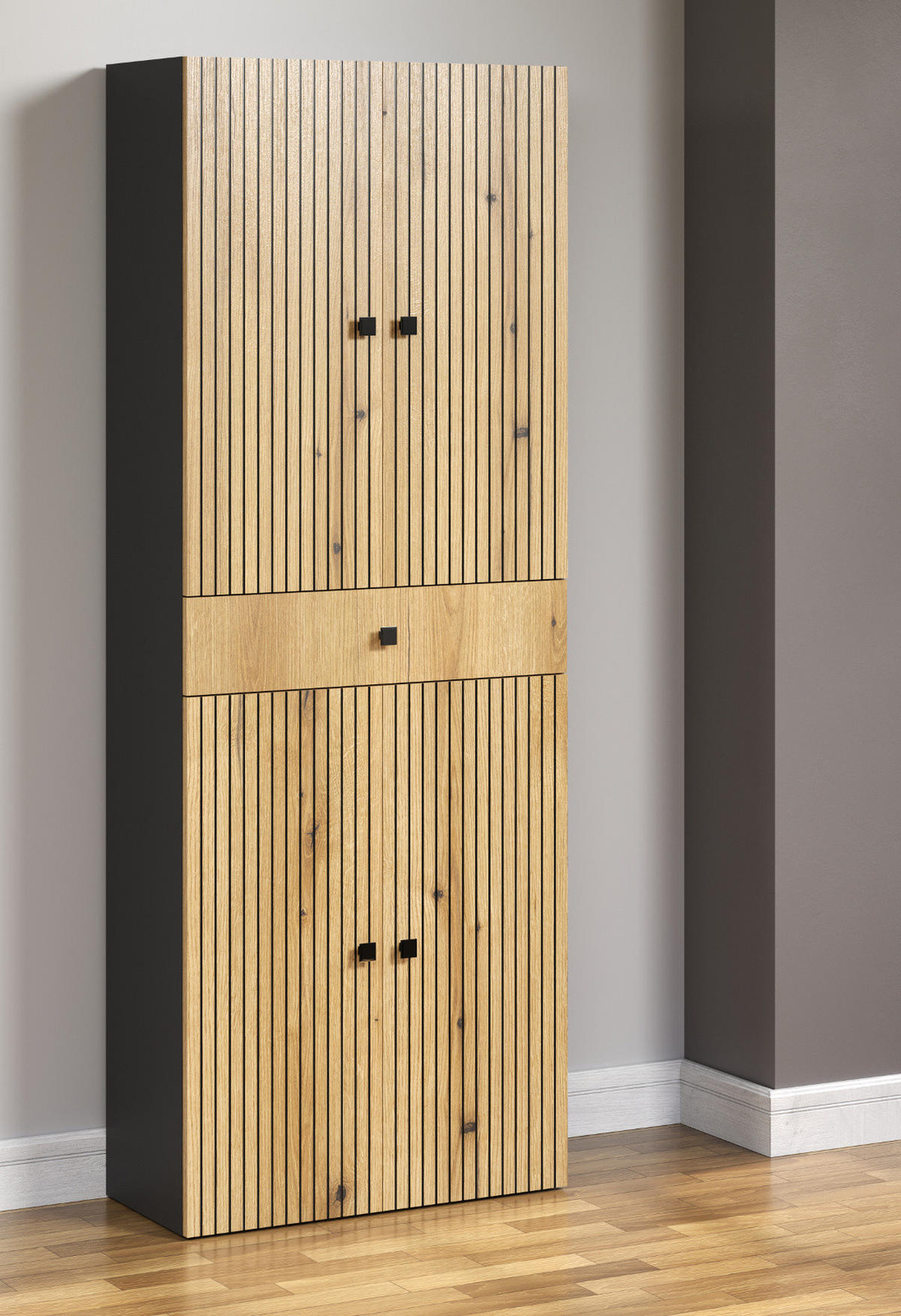 HOCHSCHRANK Evoke Eiche, grau 70 x 186 cm, Badschrank 4-türig - Eichefarben/Anthrazit, Holzwerkstoff/Metall (70/186/31cm) - Top.Furn