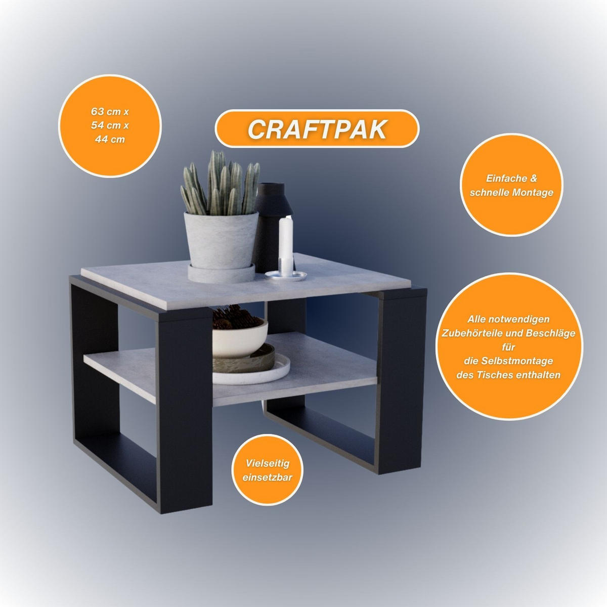 COUCHTISCH Holzwerkstoff rechteckig stabil Grau 44/54/63cm - Schwarz/Grau, Holzwerkstoff (54/63/44cm) - CraftPAK