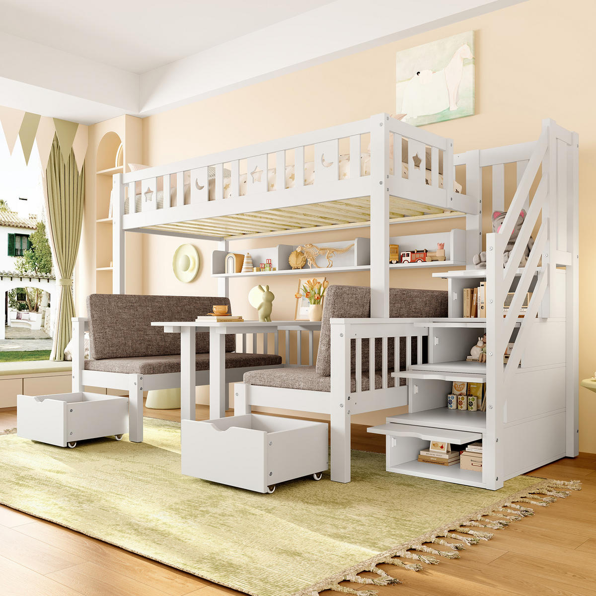 HOCHBETT 90/200 cm 2-in-1-Bett und Schreibtisch mit Stauraumleiter weiß - Weiß, Holz (90/200cm) - OKWISH