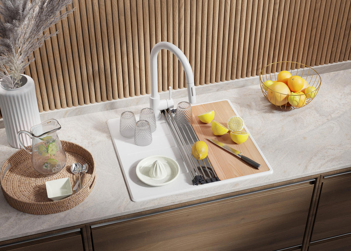 SPÜLBECKEN Kopenhagen, 2-er set Alles Weiß 55/50 cm 1 Becken + Ablauf-Set + Schneidebrett ab 40er Unterschrank - Beige/Weiß, Kunststoff (55/20/50cm) - Primagran