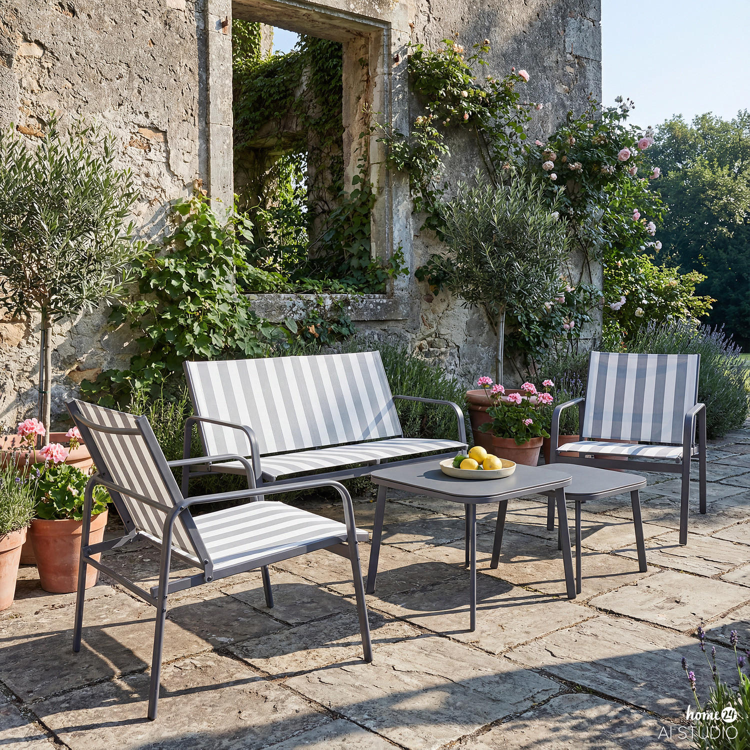 SITZGRUPPE - 5-teilig - Stahl - Weiß/Grau, Glas/Textil - home24