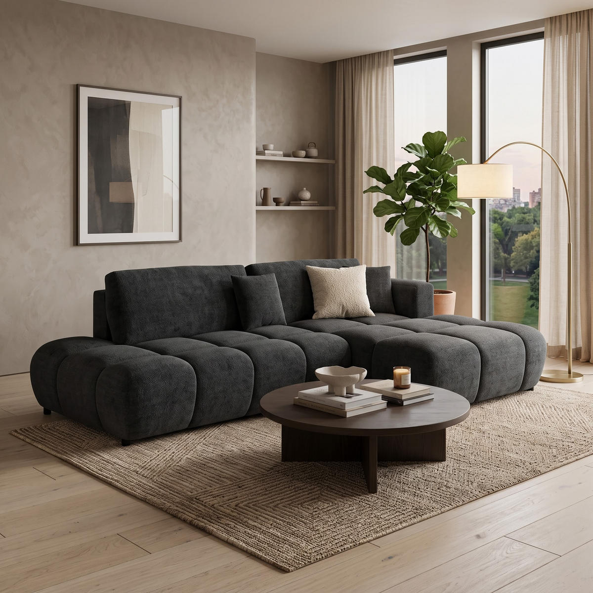ECKSOFA BARI Rechts Grau Chenille-Stoff L-Form Couch mit Schlaffunktion & Bettkasten - Schwarz/Grau, Holz (280/170cm) - Barchello