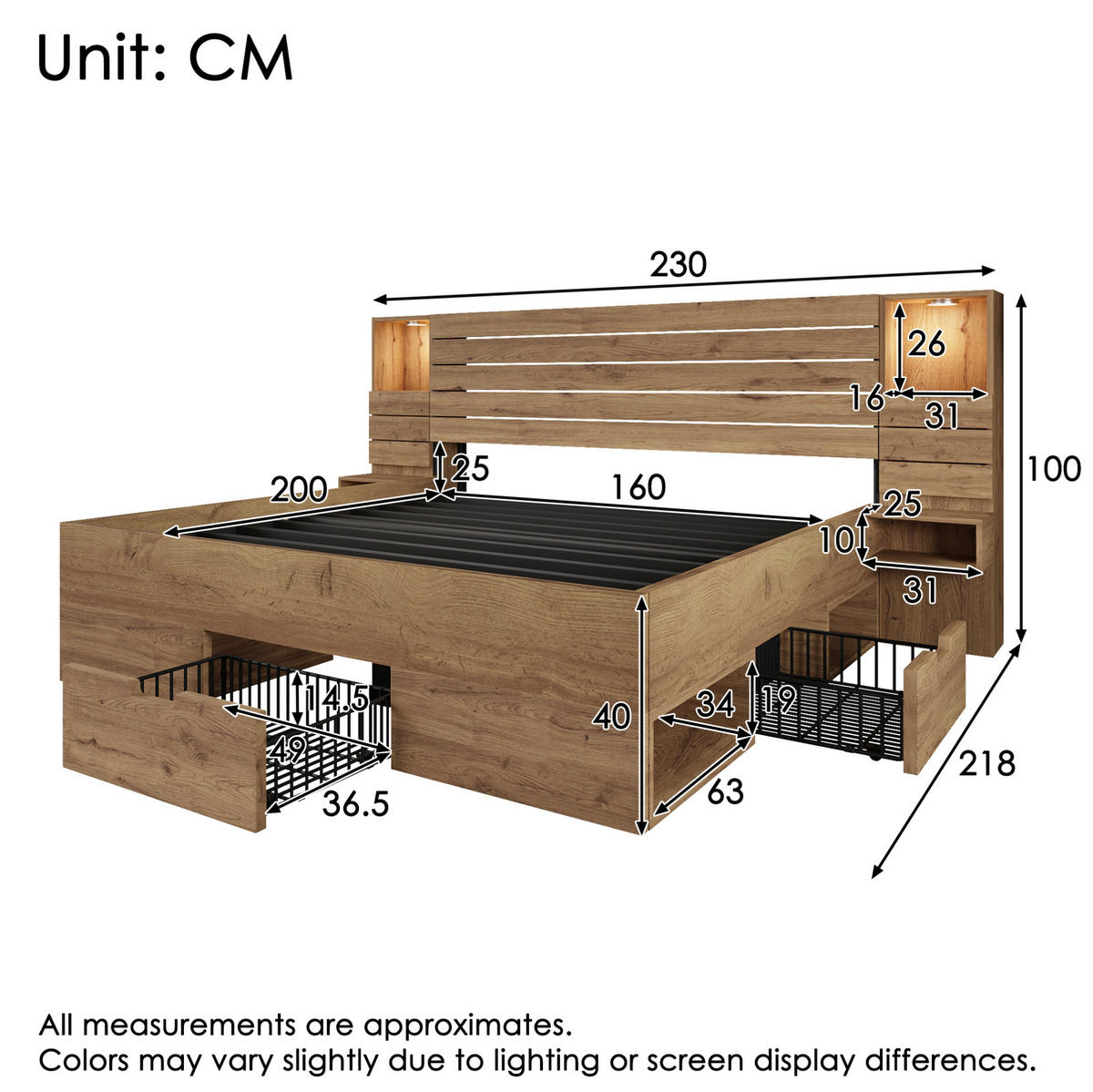 MANŽELSKÁ postel 160/200 cm dubová z MDF a kovu s LED osvětlením USB-C a úložným prostorem - barva dubu, kompozitní dřevo (160/200cm) - OKWISH