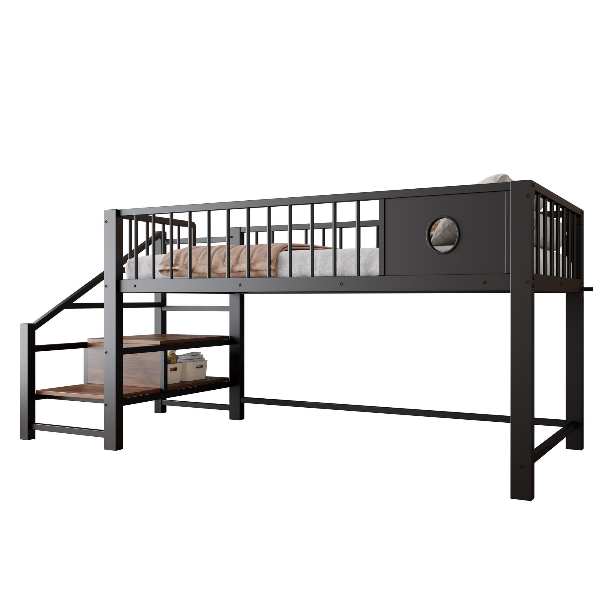 CHICFURN VYVÝŠENÁ POSTEL 90/200 cm v černé barvě s úložnou žebříkovou konstrukcí