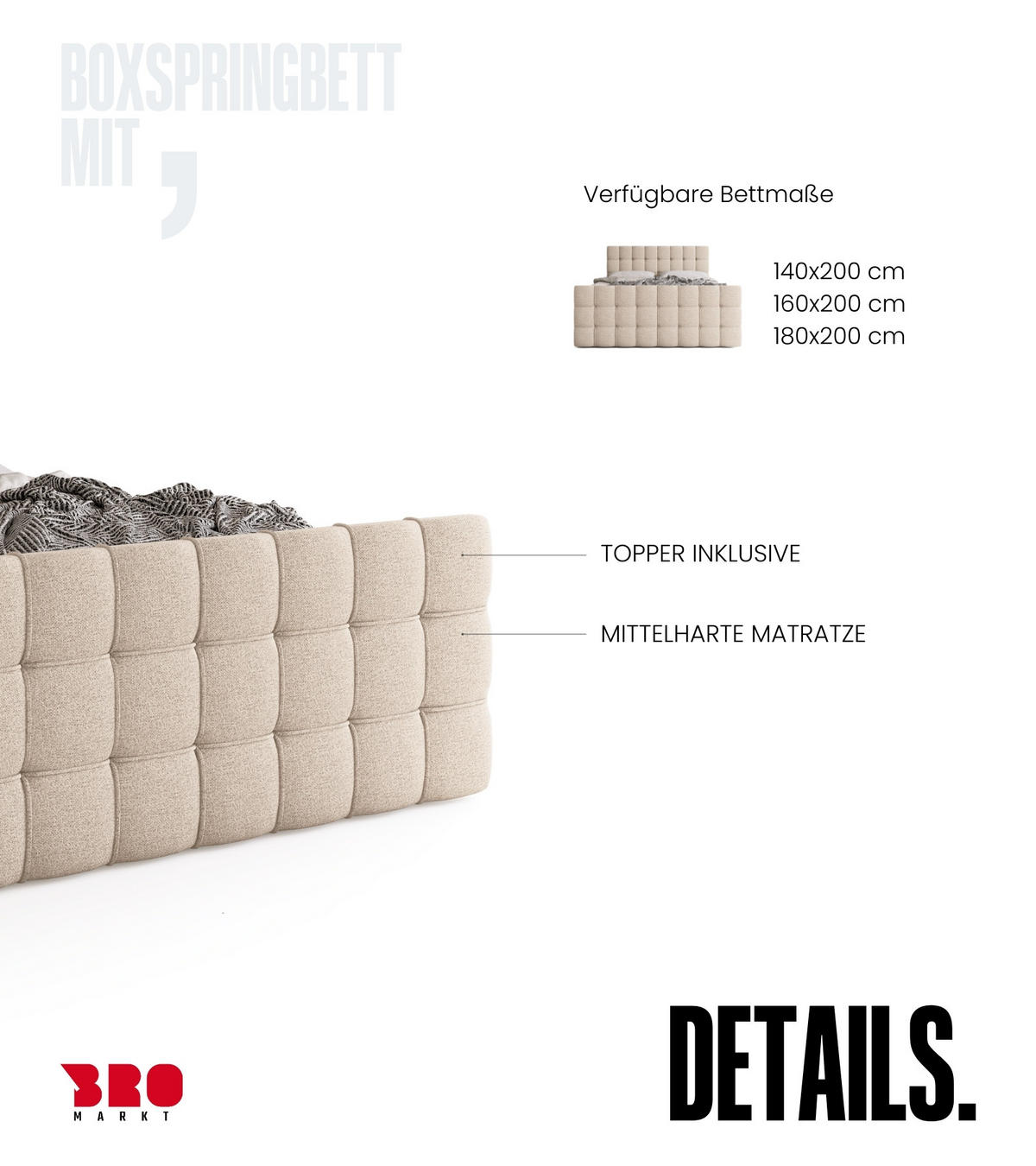 BOXBETT Detroit Duo mit Topper 180/200 Hellbeige - Ecru, Textil (180/200cm) - Bromarkt