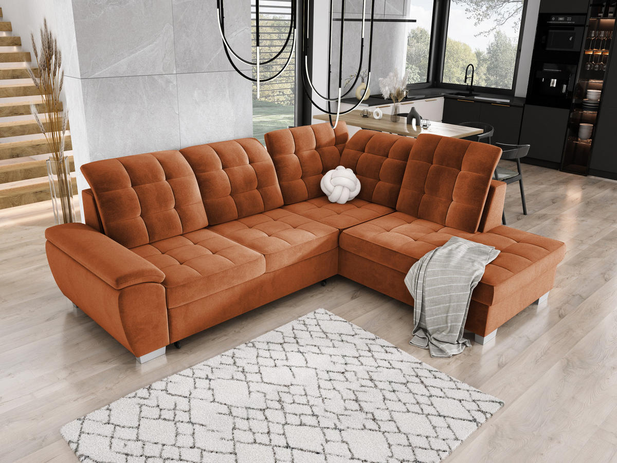 ECKSOFA LOTTA SALVADOR Bettkasten verstellbare Kopfstützen hochwertige Verarbeitung lose Rückenkissen freistehend RECHTS 258x212x106 cm Dark orange - Dunkelorange, Holz/Textil (258/212cm) - DomoHome