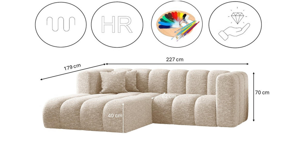 ECKSOFA L-form Sofa Grand modular stoff Haga Ecru Links - Ecru, Holz (179/227cm) - Kaiser Möbel
