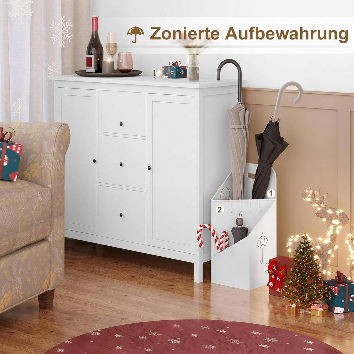 SCHIRMSTÄNDER mit Griff, 4 Haken, Metall , Weiß - Weiß, Metall (20/49/20cm) - Woltu