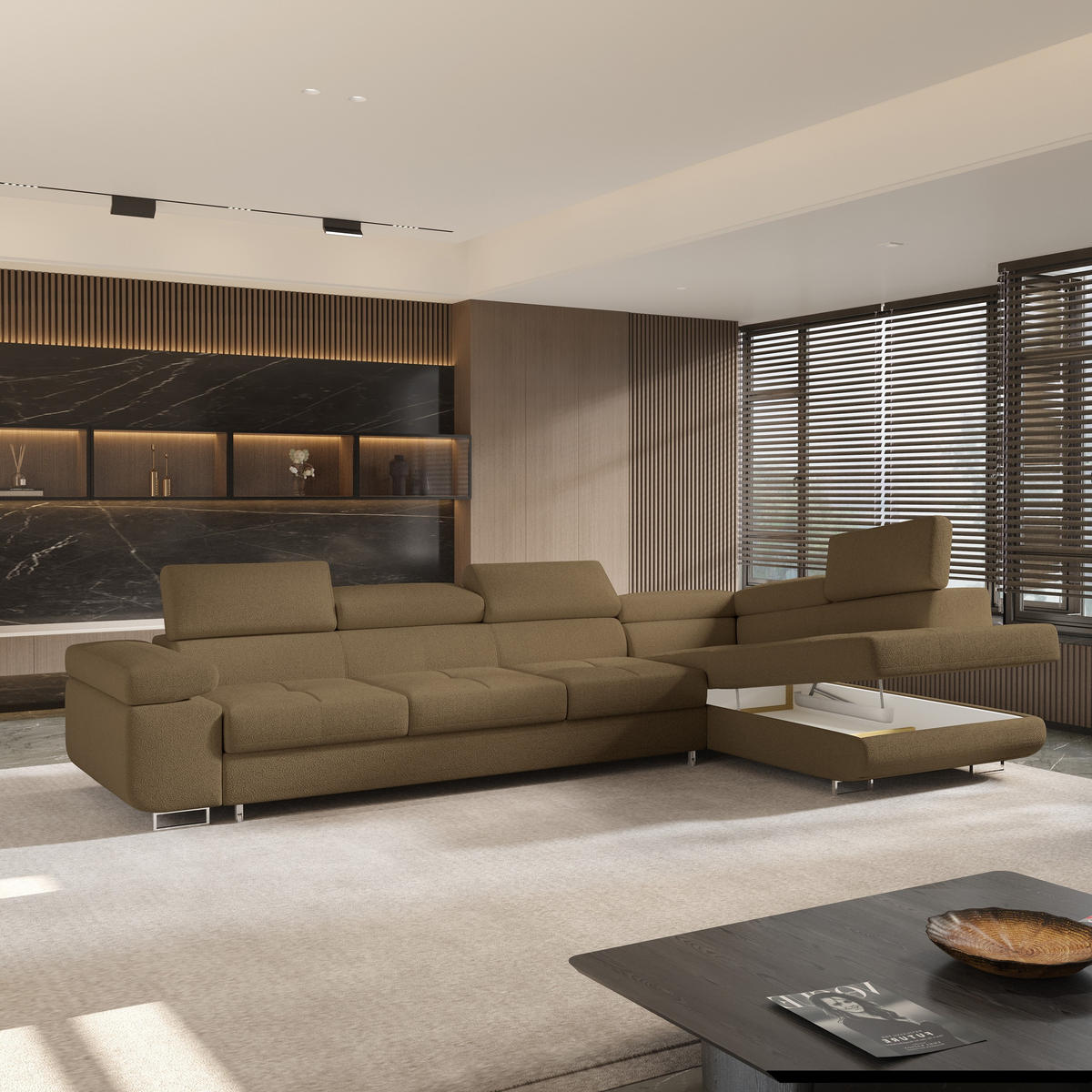 ECKSOFA VICENTE Orange Boucle-Stoff mit Schlaffunktion - Orange, Holz (346/202cm) - MASSENO