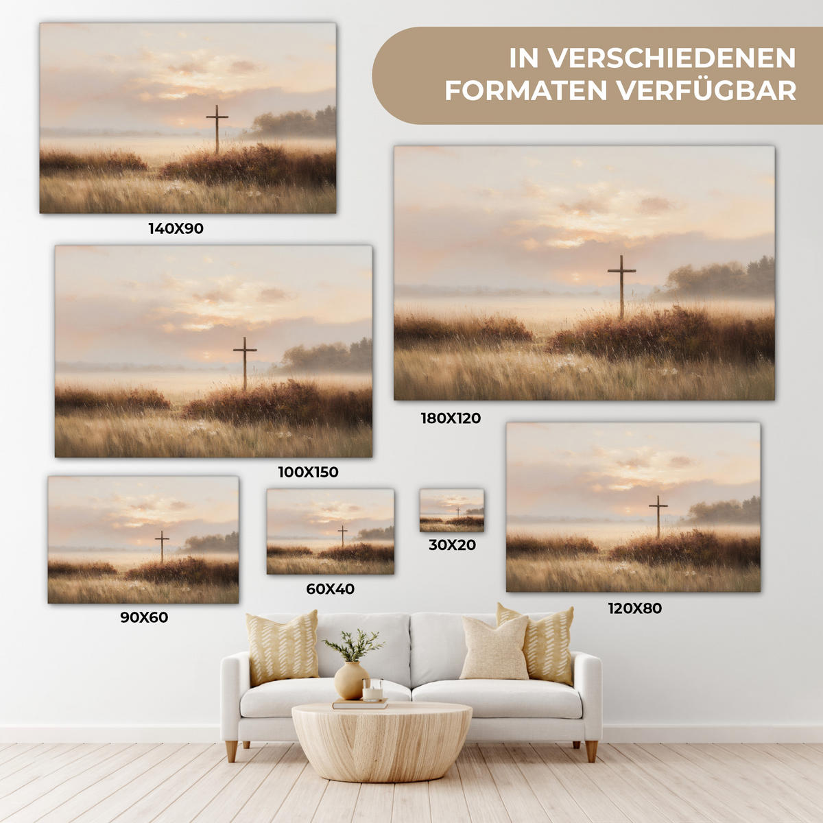 LEINWANDBILD Gras - Morgennebel - Kreuz - Christentum Wohnzimmer Groß 120x80 cm - Beige, Textil (120/80cm) - MuchoWow