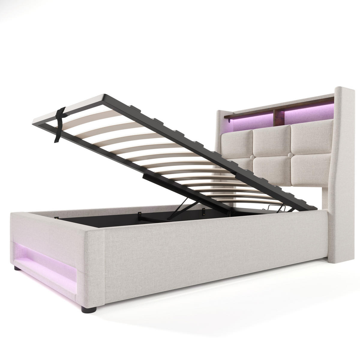 POLSTERBETT mit LED-Beleuchtung 90/200 cm mit Bettkasten, USB und gepolstertem Kopfteil - Beige, Textil (90/200cm) - BEAOK
