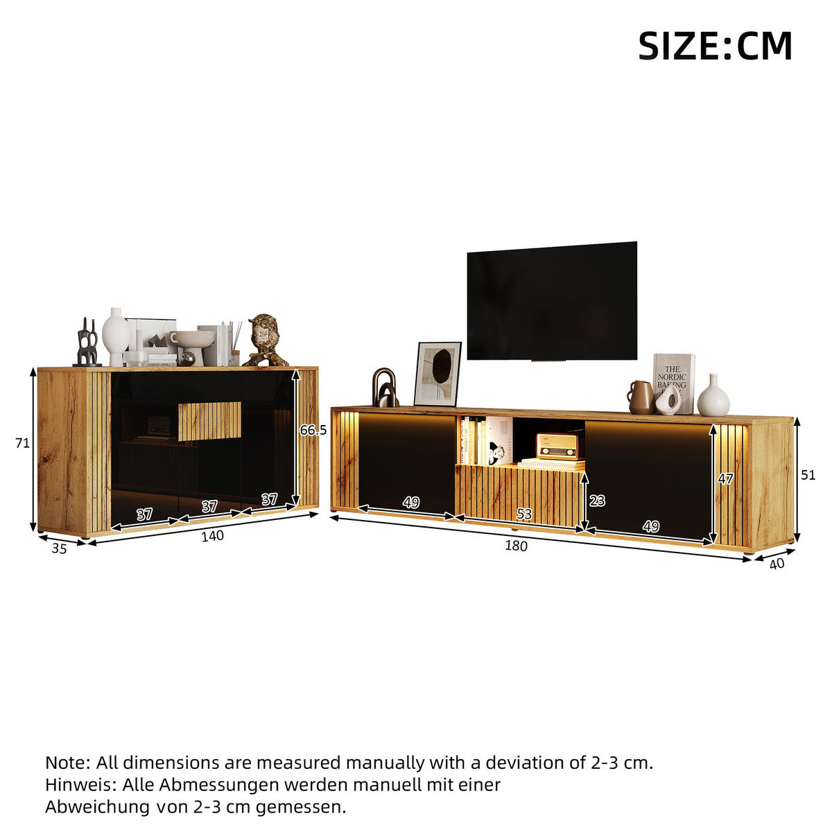 WOHNZIMMERSET 180×40×51cm Schwarz mit Sideboard - Schwarz/Naturfarben, Holzwerkstoff (180/51/40cm) - FLIEKS