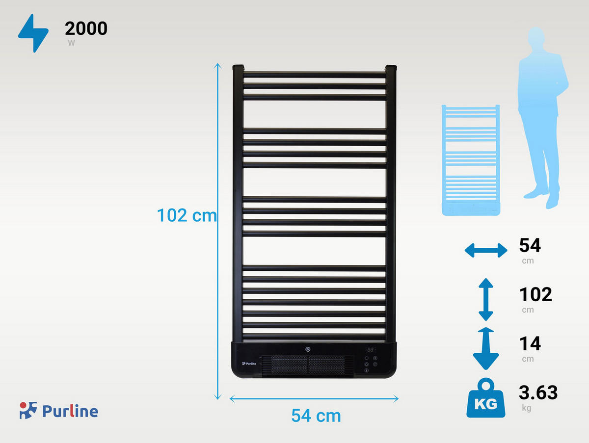 HANDTUCHTROCKNER Schwarz mit Elektrosystem und Wandhalterung 2000 W - Schwarz, Metall (54/102/14cm) - Purline