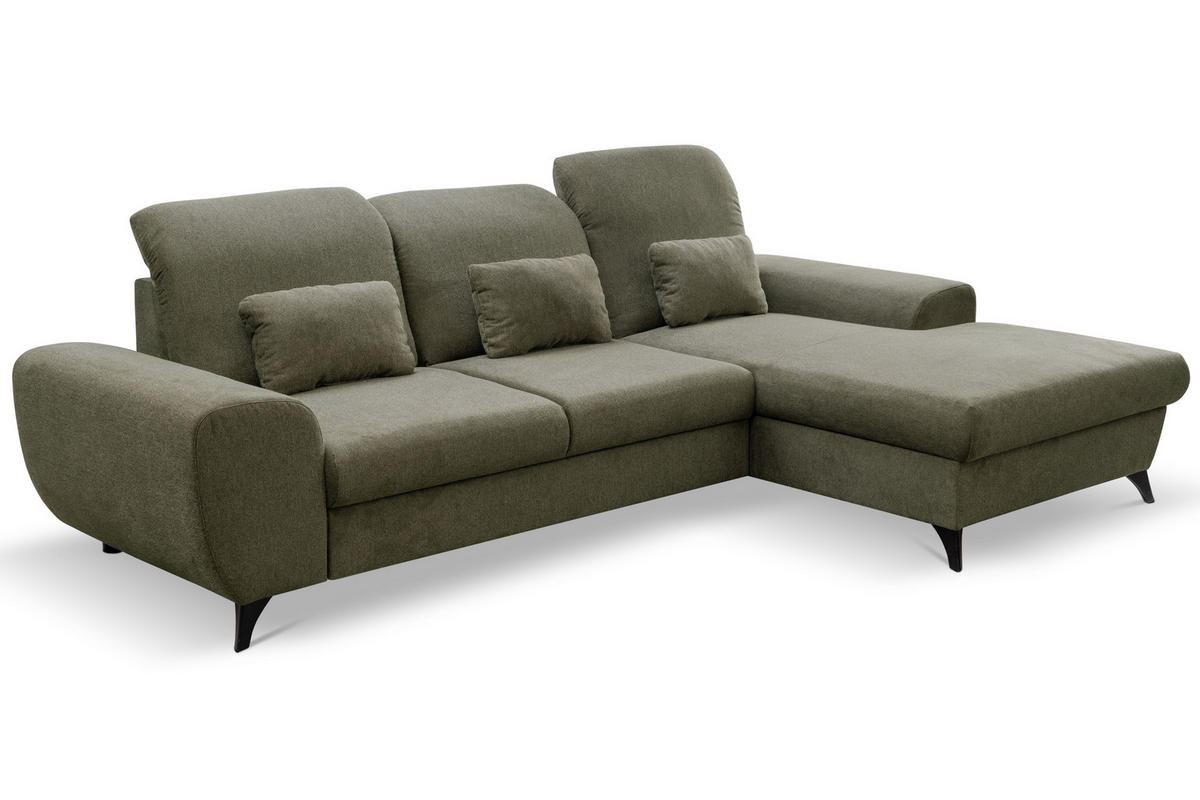 ECKSOFA LUCE R-S Olivgrün Plüsch-Stoff mit Schlaffunktion - Olivgrün, Holz (279/172cm) - MASSENO
