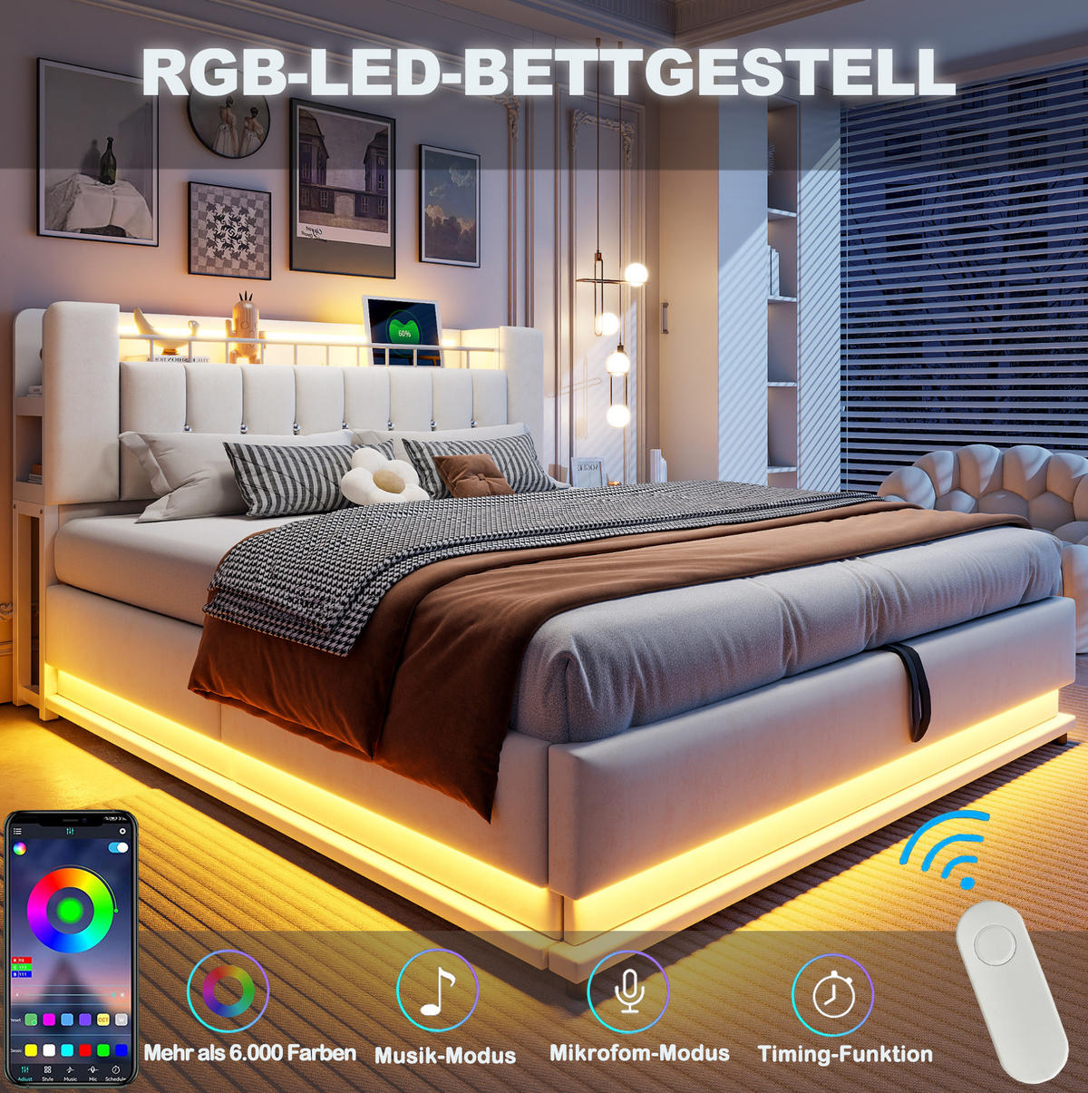 POLSTERBETT 160/200 cm Beige mit LED-Beleuchtung, USB und Stauraum - Beige, Textil (160/200cm) - Flora Grace