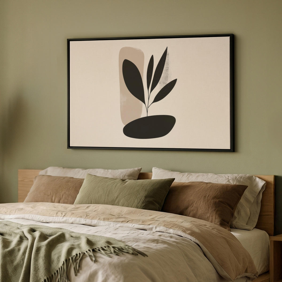 LEINWAND Bilder mit Rahmen - Pflanze - Beige - Japanisch - 90x60 - Schwarz, Textil (90/60cm) - MuchoWow