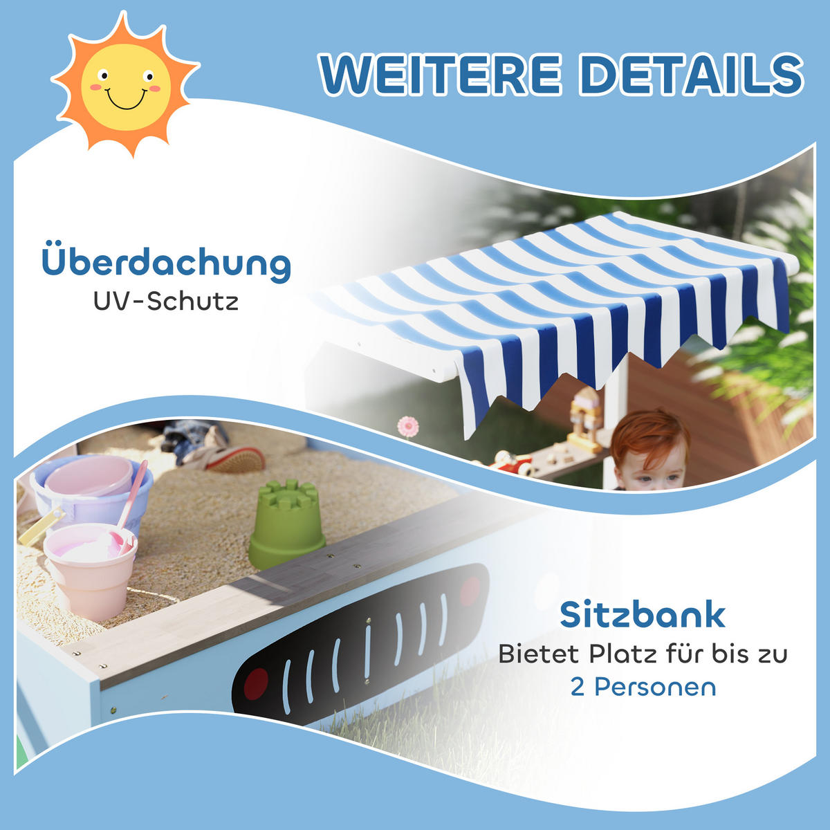 SANDKASTEN mit Dach, 90 x 108 cm Sandkiste aus Holz Sandbox mit Sitzbank Blau - Blau, Holz (108/90/104cm) - AIYAPLAY