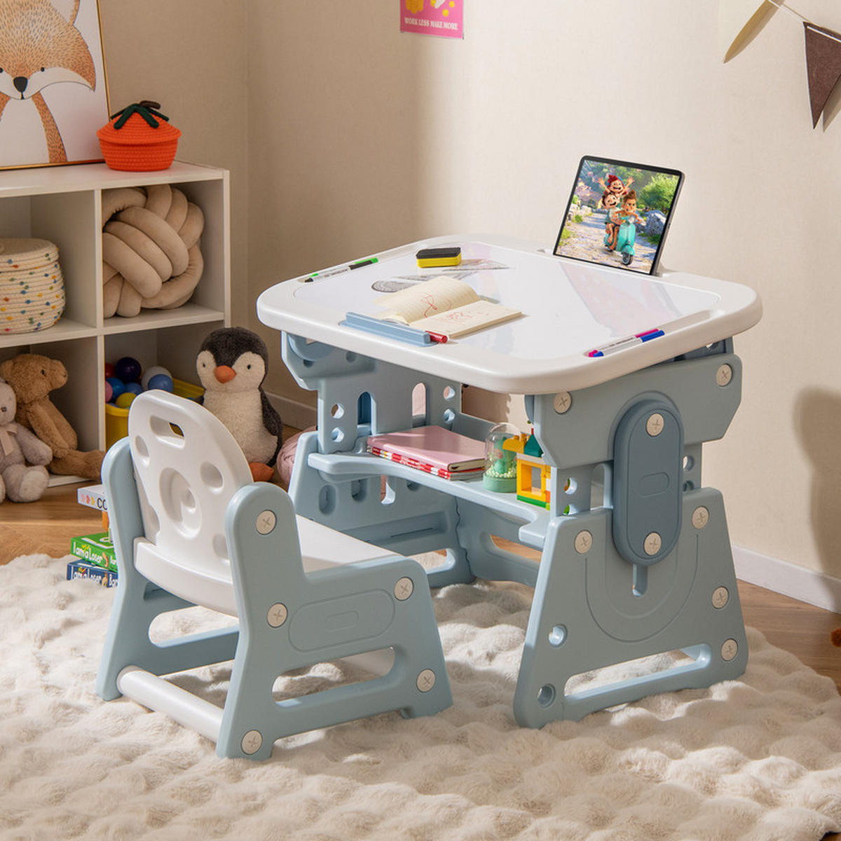 KINDERTISCH-STUHL-SET mit Höhenverstellung blau(2-tlg) - Blau, Kunststoff (80/49/50cm) - COSTWAY