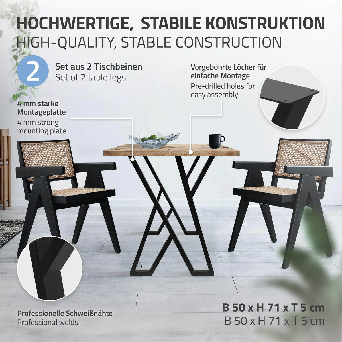 TISCHBEINE 2er Set 50xH71 cm X-Form, Schwarz - Schwarz, Metall (50/8/71cm) - ML-DESIGN