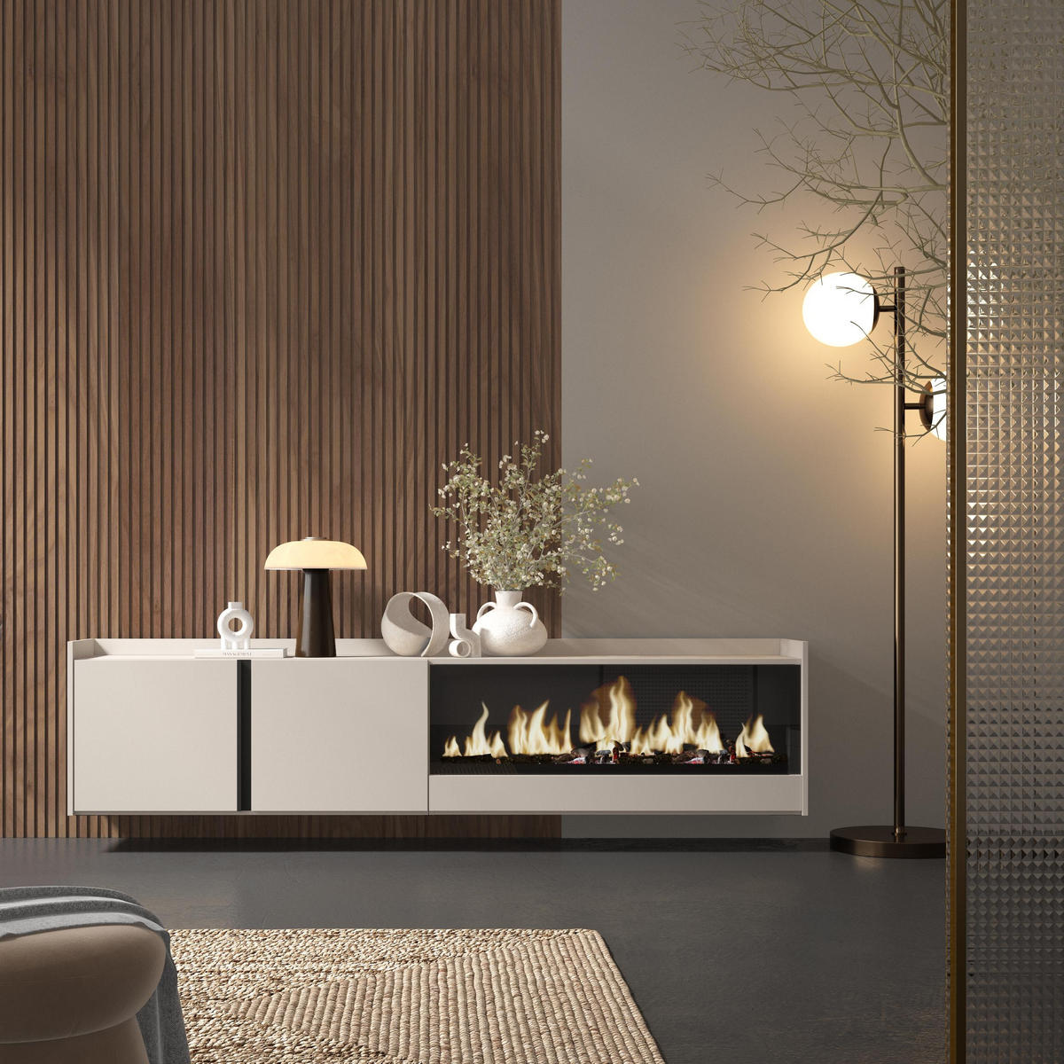 LOWBOARD, Beige, 212/35/50cm, Kamin mit Feuereffekt XXL - Beige, Holzwerkstoff (212/50/35cm) - Skraut Home