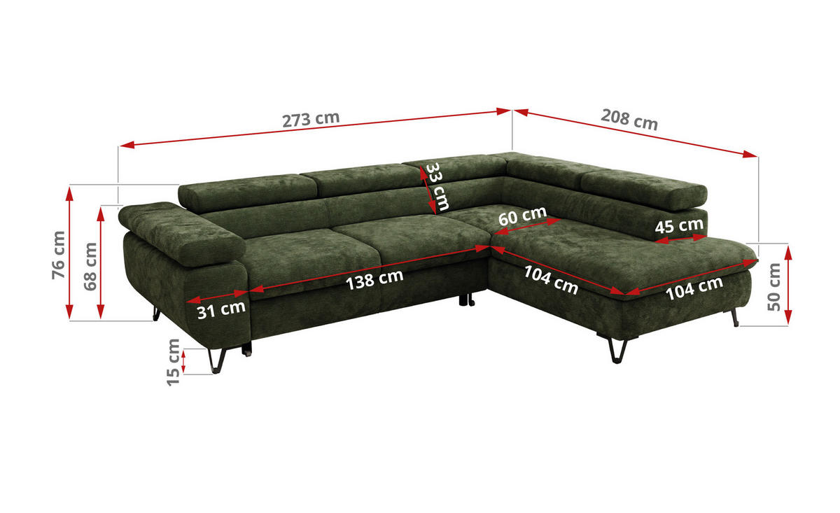 ECKSOFA PABLO L Dunkelgrün Schenille glatt - Rechts Seite - Dunkelgrün/Schwarz, Textil/Metall (273/208cm) - MKS