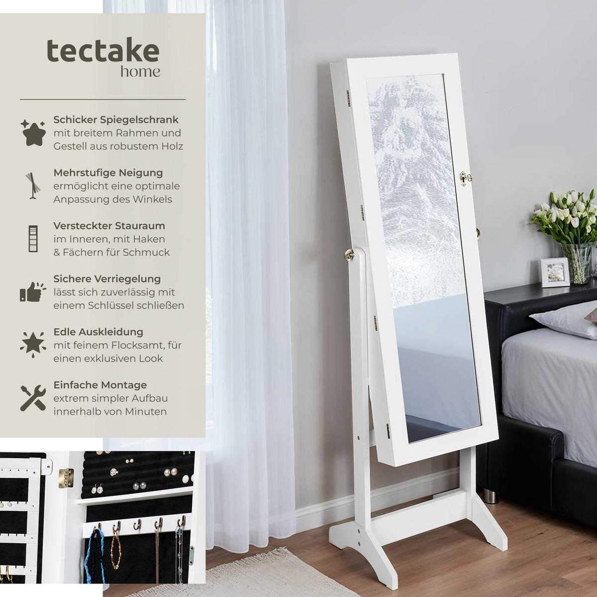 SCHMUCKSCHRANK  ,abschließbar,weiß - Weiß, Holz (37/147/45cm) - tectake