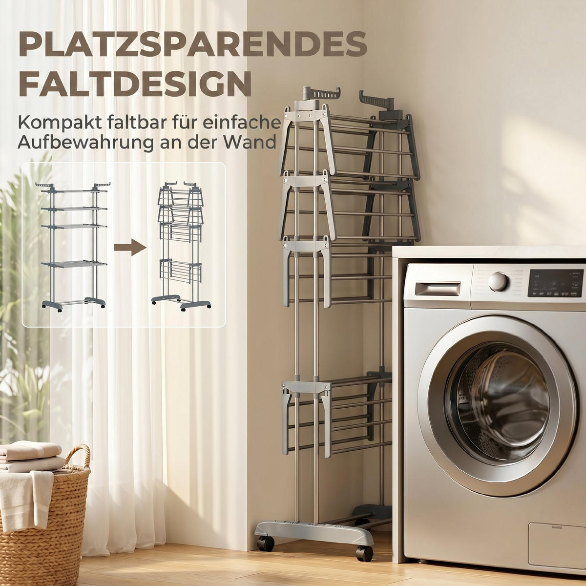 WÄSCHESTÄNDER Plastic, Stahl Grau - Grau, Kunststoff/Metall (64/172/73cm) - HOMCOM