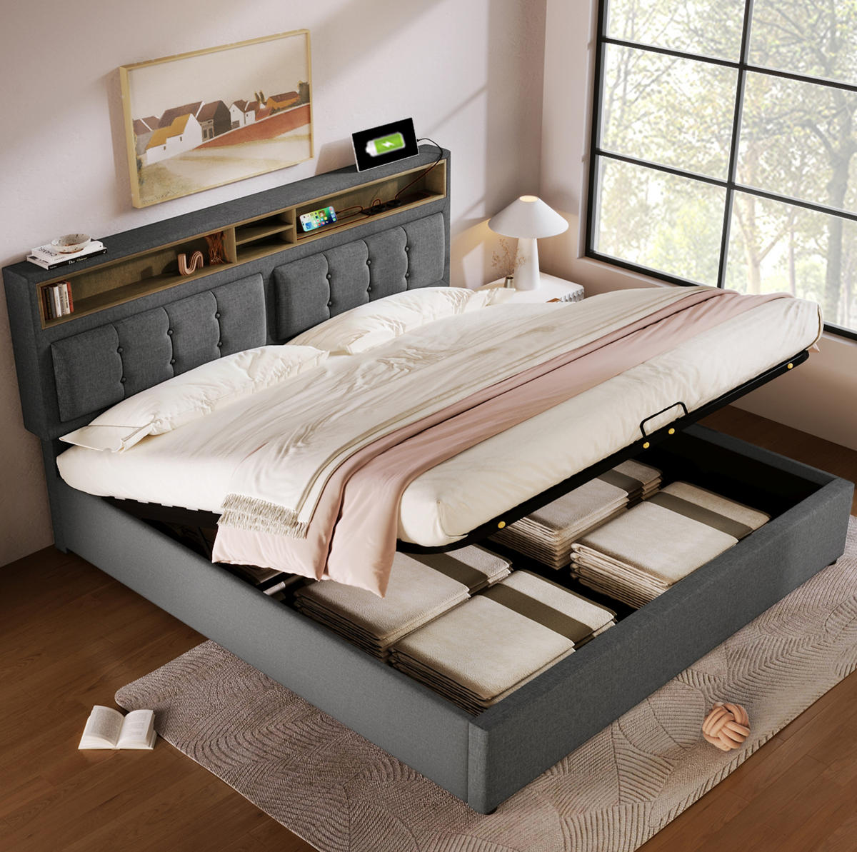 POLSTERBETT mit Stauraum und USB/Typ-C 160x200 cm Leinen Grey - Grau, Metall (160/200cm) - Meubliv
