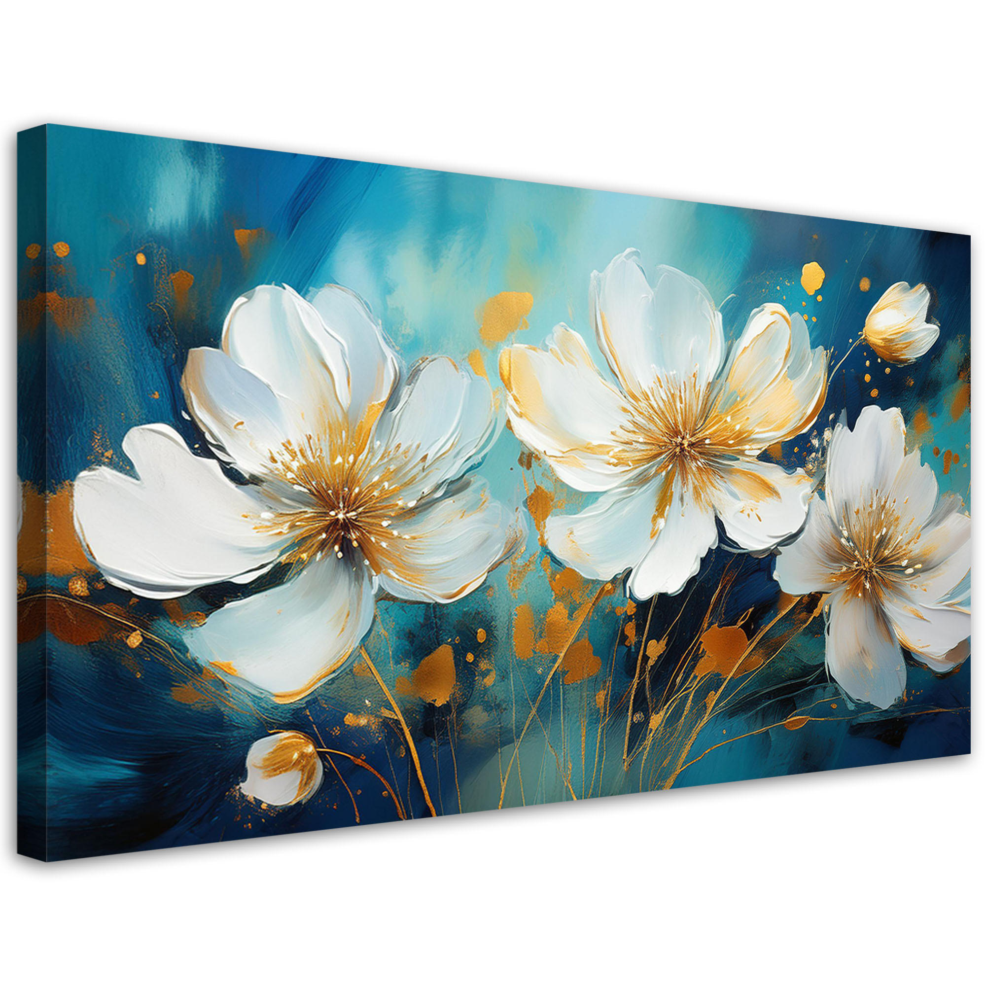 WANDBILD bemalte weiße blumen auf türkisfarbenem hintergrund - Türkis, Textil (120/60cm) - Feeby