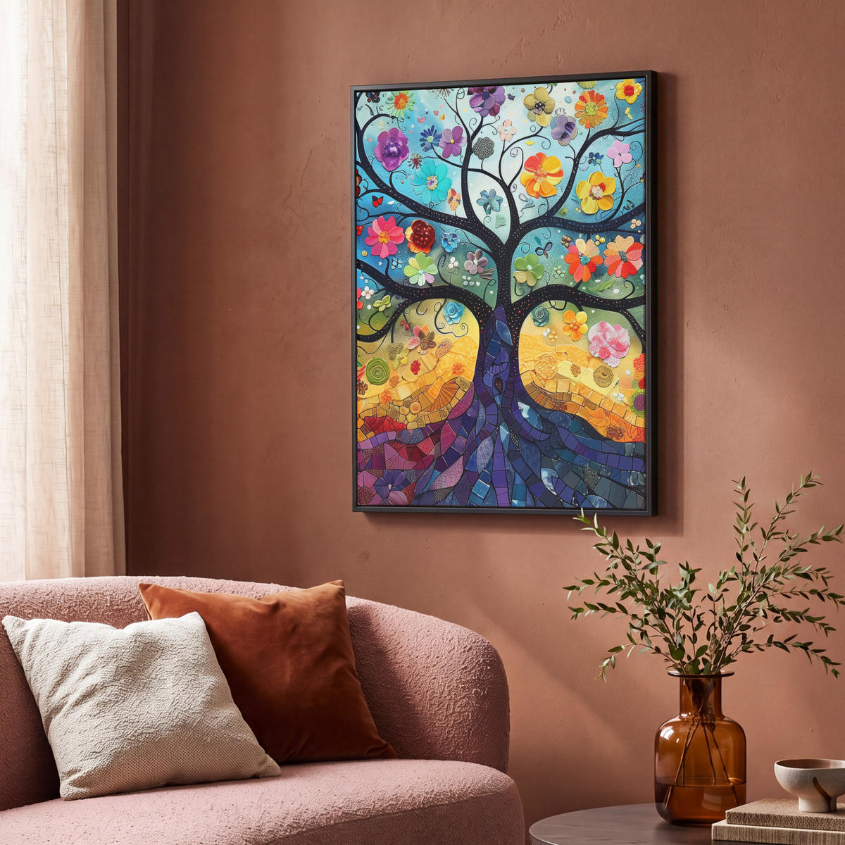 LEINWAND Bilder mit Rahmen - Kunst - Baum des Lebens - Blumen - Hippie - 70x100 - Dunkelblau, Textil (70/100cm) - MuchoWow