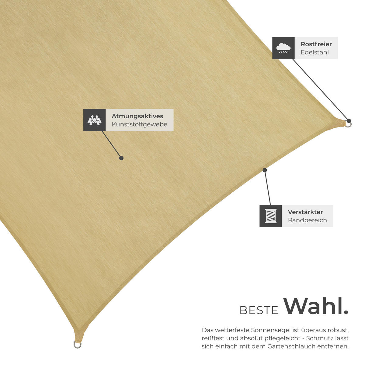 SONNENSEGEL ,inklusive Spannseile,beige - Beige, Kunststoff (300/300cm) - tectake