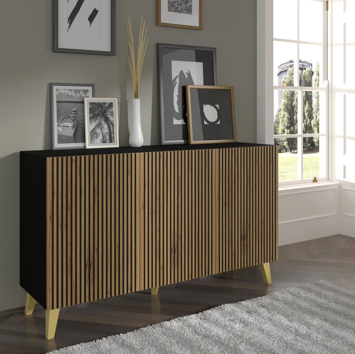 KOMMODE Schwarz, Artisan-Schwarz, Gold 150/87/42 - Schwarz, Holzwerkstoff (150/87/42cm) - RAUMHIRSCH FURNITURE