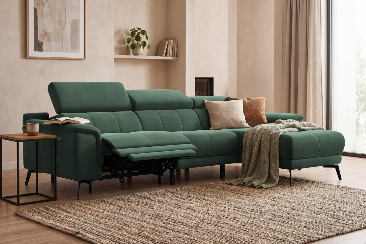 ECKSOFA FIERO 4-Sitzer RECHTS, Grüner Veloursstoff - Schwarz/Grün, Holz/Textil (288/170cm) - Courtois Laville